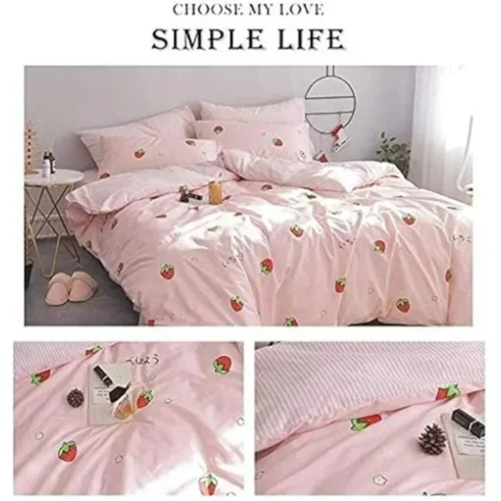 Duvet CoverSet Pure Cotton Cute Pink Anime Bedding Set 3 PCS with Zipper Closure